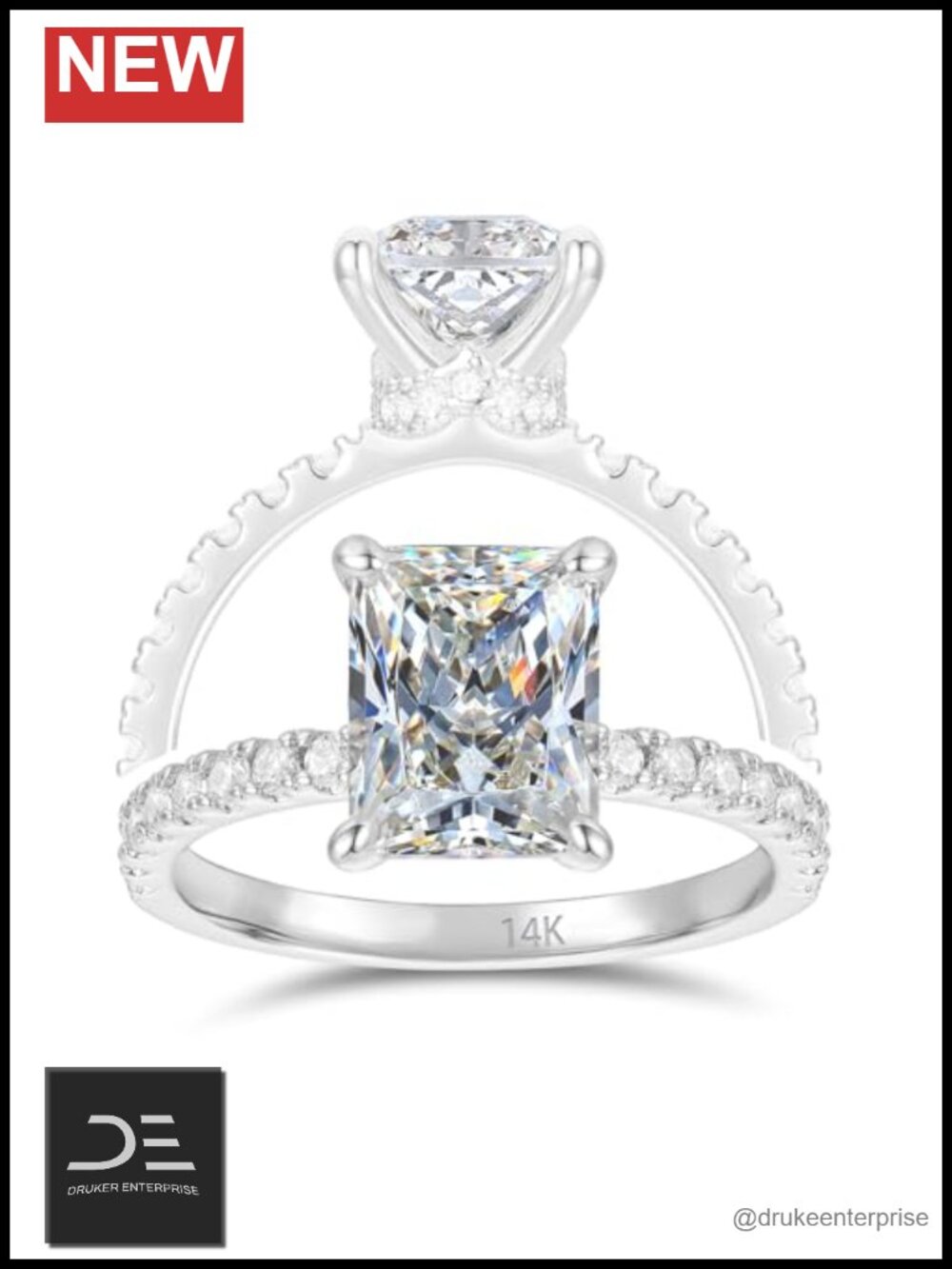 14K Gold 3ct Radiant Moissanite Engagement Ring Women Halo Prong White Gold
